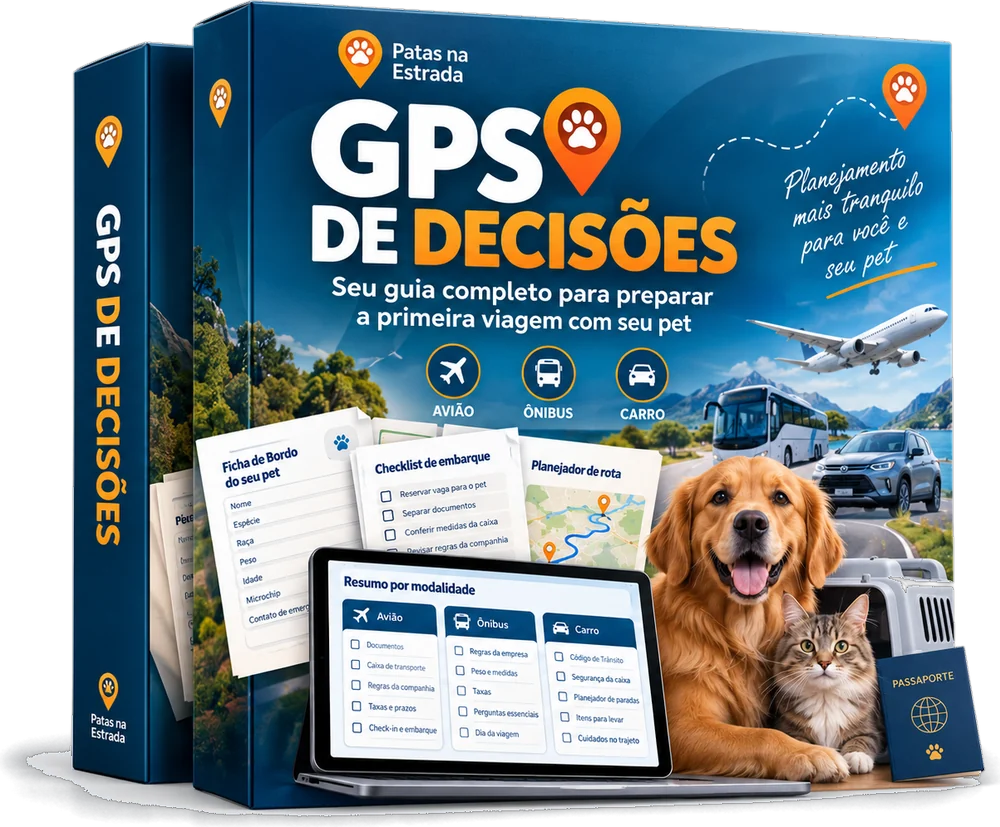 Capa oficial do GPS de Decisões, da Patas na Estrada: seu guia completo para preparar a primeira viagem com seu pet, de avião, ônibus ou carro