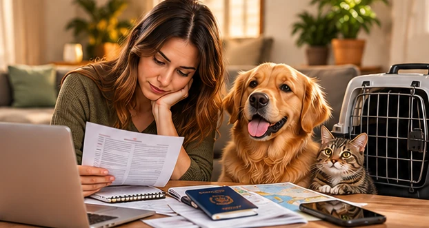 Mulher sentada à mesa lendo documentos da viagem, com um cão e um gato ao lado, notebook, passaporte e caixa de transporte
